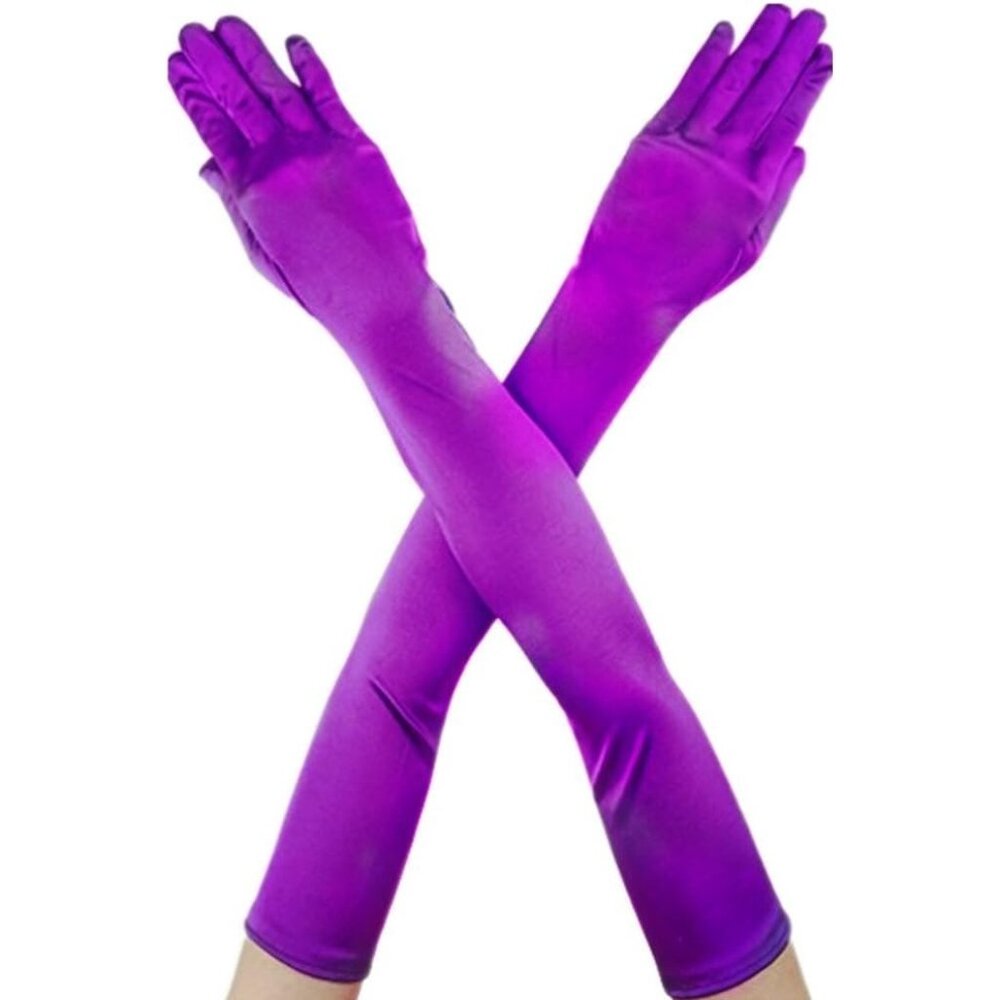 Women's Violet Full Finger Elbow Spandex Satin Long Sleek Evening Gloves